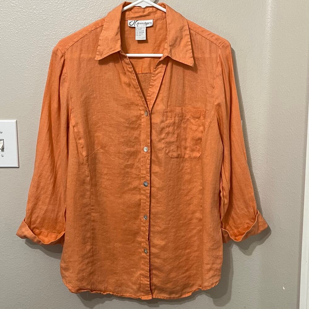 Dressbarn Women’s Linen Button Up Blouse Sz 14-16W Orange 3/4 Sleeve